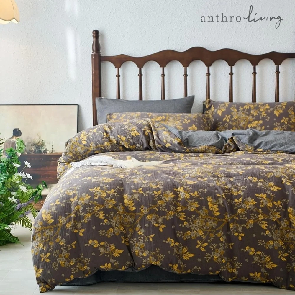 NEW Anthro Gold Jacquard 100% Cotton Boho Queen / King Bedding Duvet & Sham Set